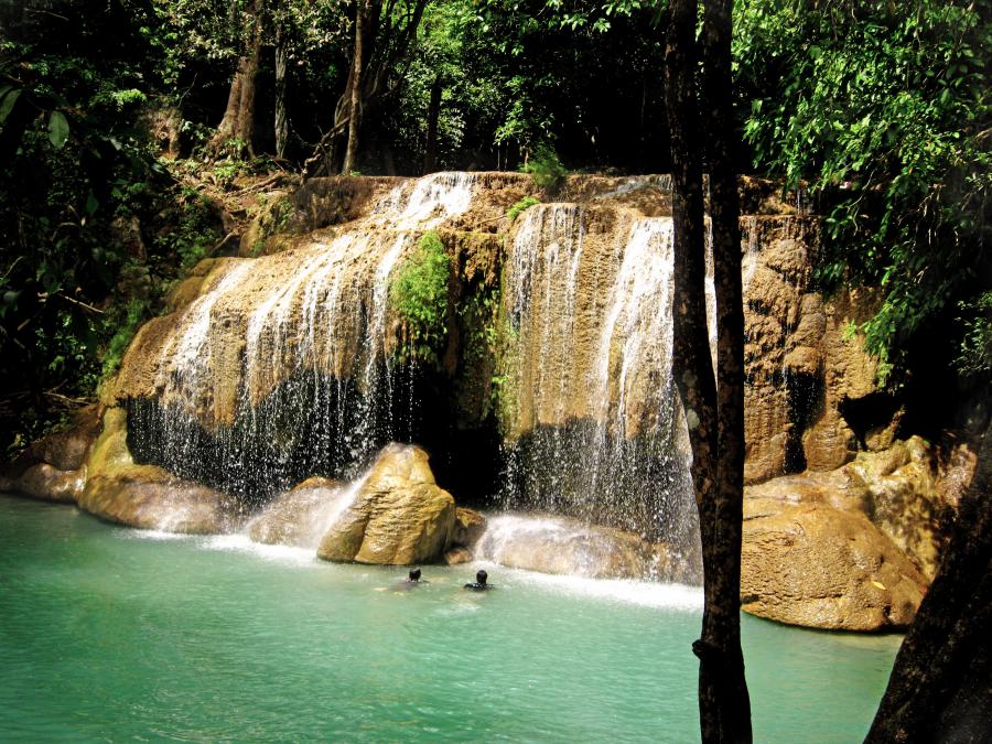 Swimming in the lower tiers of Erawan Falls