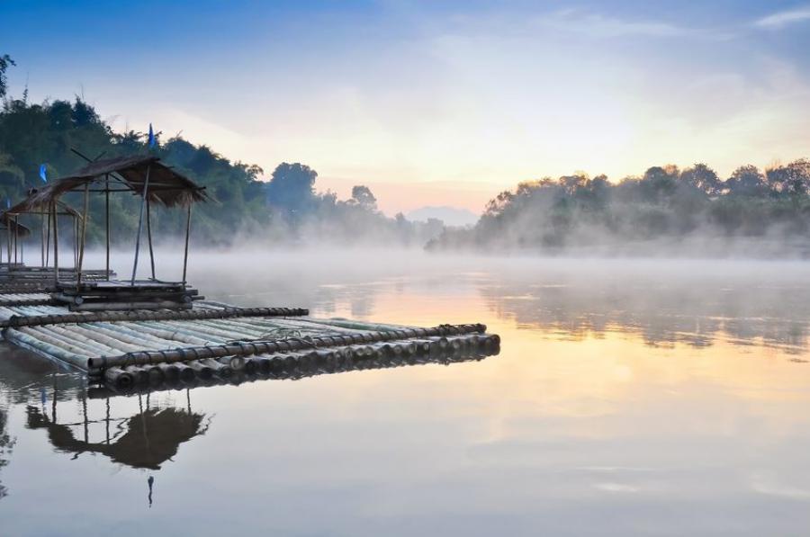 View of morning mist from one of the raft houses in Kwae Noi River