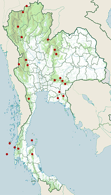 Distribution map of Common hill myna, Gracula religiosa in Thailand