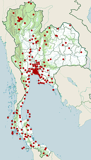 Distribution map of Reticulated python, Malayopython reticulatus in Thailand