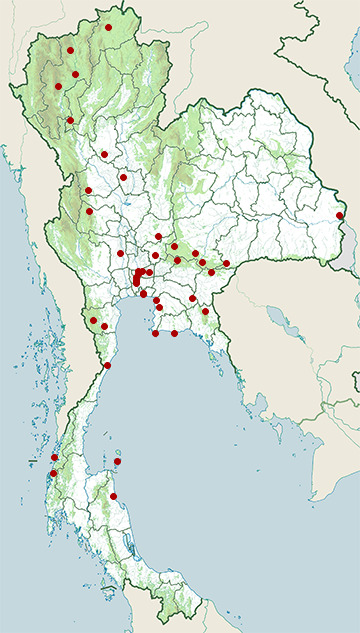 Distribution map of Red-breasted parakeet, Psittacula alexandri in Thailand